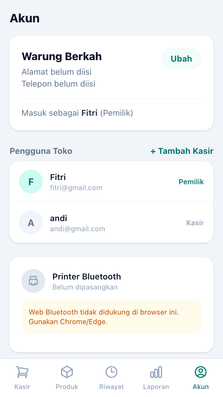 Layar akun & tim toko